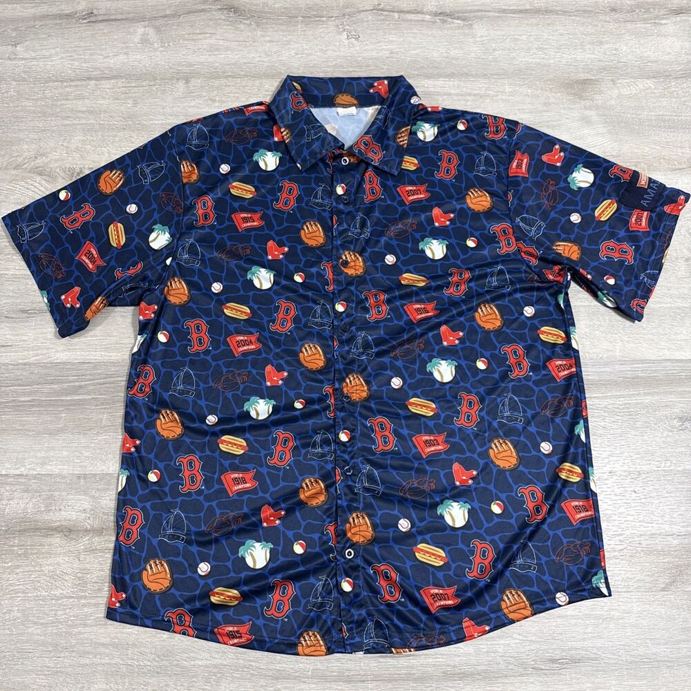Boston Red Sox Shirt Button Up Hawaiian Style Men's Blue XL Polyester MLB